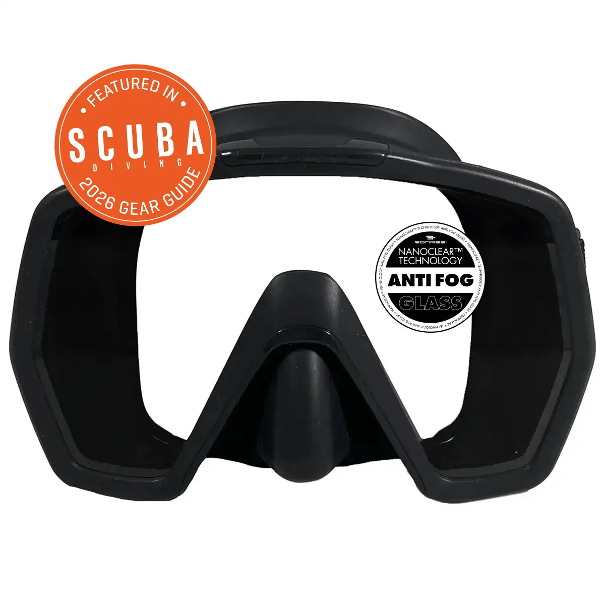 Bonassi Omnia (Antifog): Premium silicone mask with reinforced skirt and anti-fog technology. Delivers a wide field of vision and superior comfort for both snorkel and recreational scuba diving in warm waters.