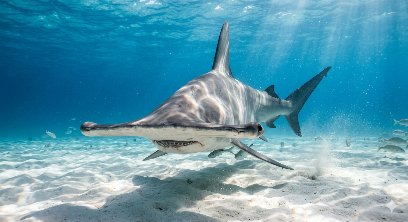 Great hammerhead shark swimming directly towards the camera over white sand in clear turquoise water Bimini Bahamas