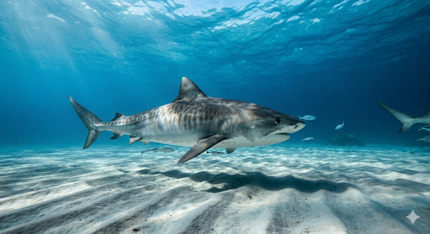 Large tiger shark swimming over white sandy bottom in clear blue water with sunlight from above at Grand Bahama