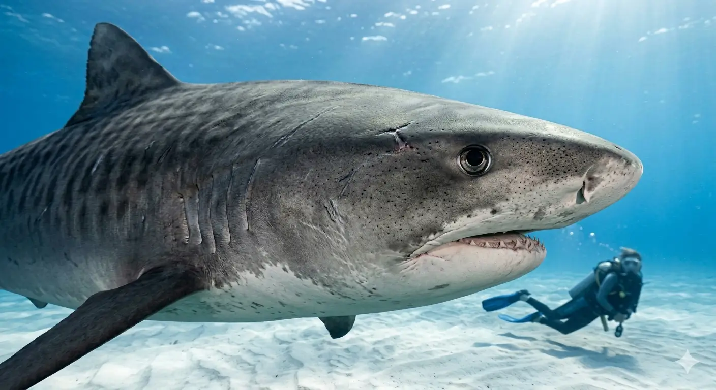 Close-up portrait of a tiger shark swimming towards the camera with diver in background