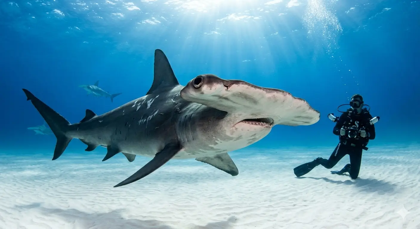 Scuba diver photographing a large great hammerhead shark swimming above sandy bottom in Bimini Bahamas