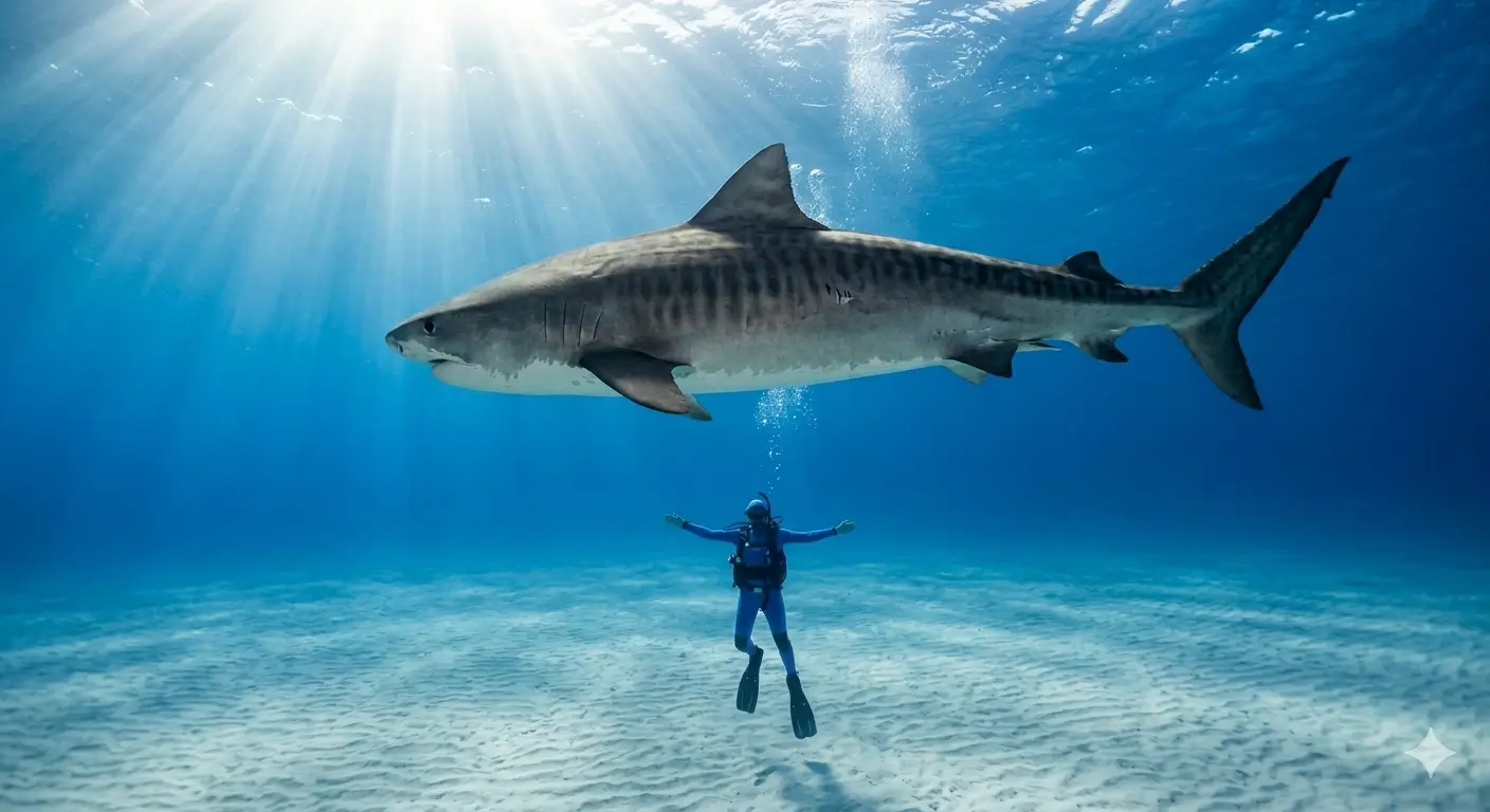 Scuba diver with arms outstretched facing a massive tiger shark in sunlit blue waters, Tiger Beach Grand Bahama