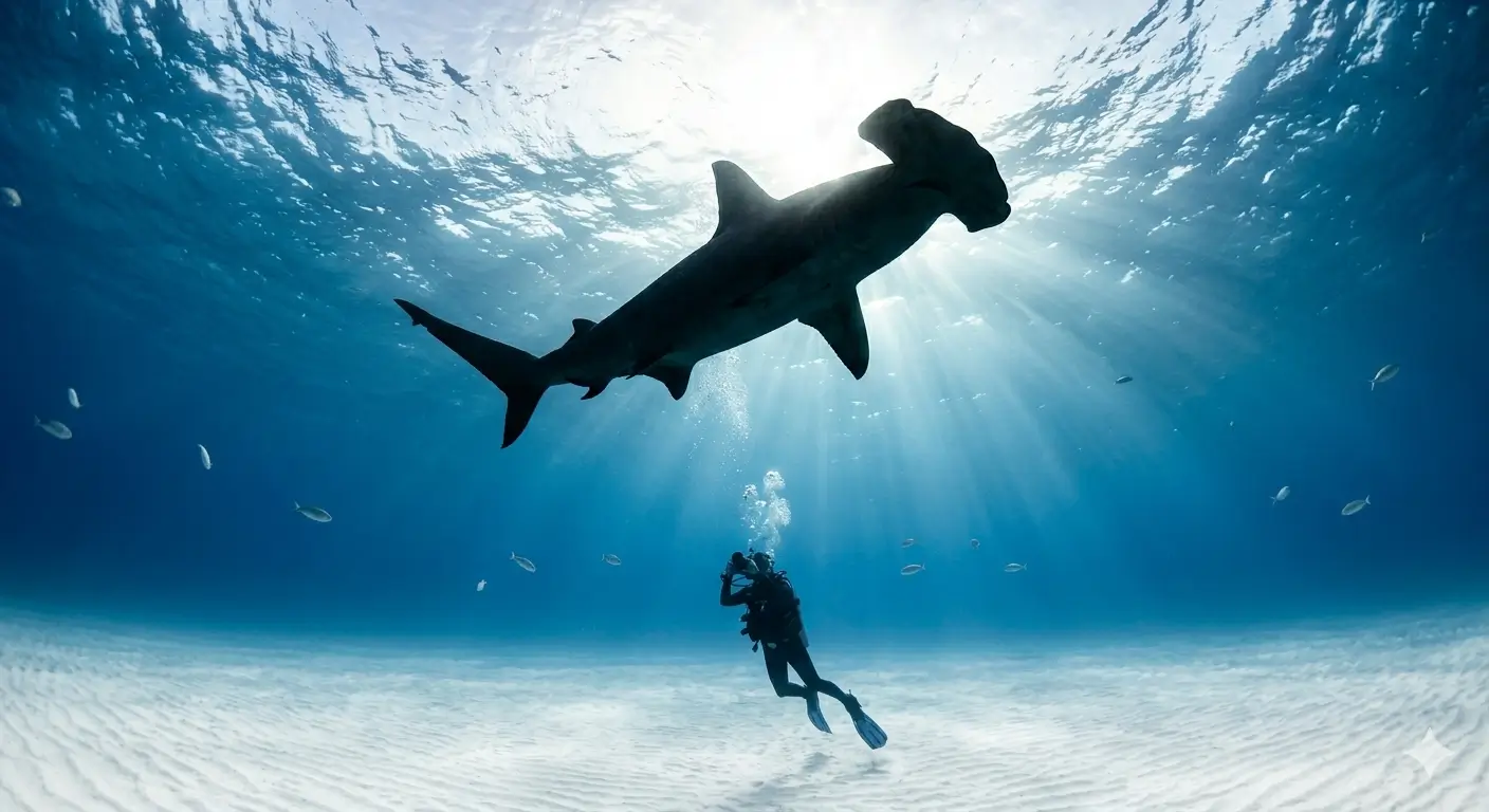 Great hammerhead shark swimming in clear blue water with scuba diver and small fish in background, Bimini Bahamas
