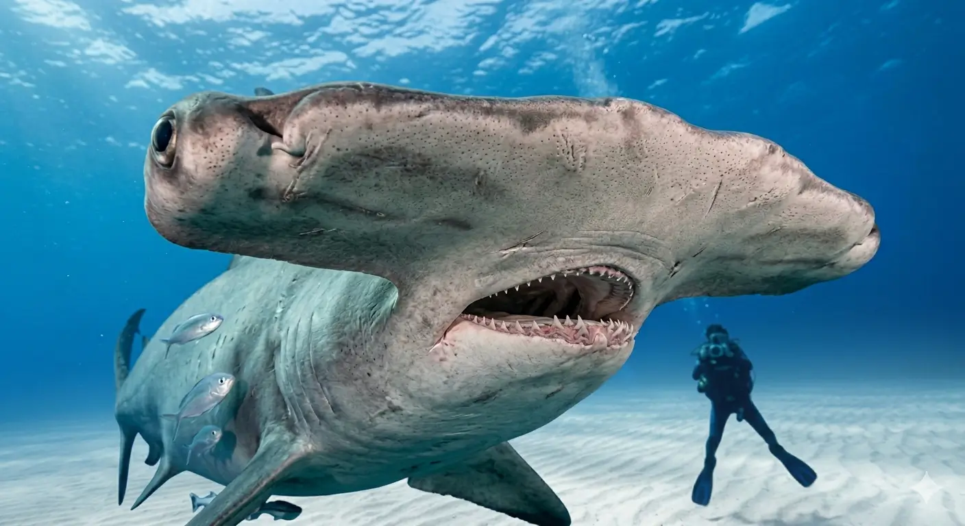 Close-up of a great hammerhead shark with open mouth showing teeth and remoras attached, Bimini Bahamas