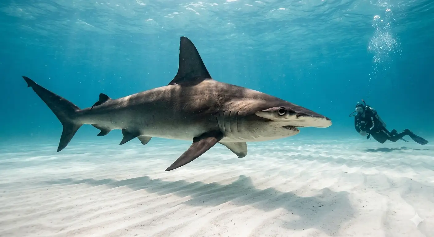 Great hammerhead shark swimming over white sandy seabed with scuba diver on the right in Bimini Bahamas
