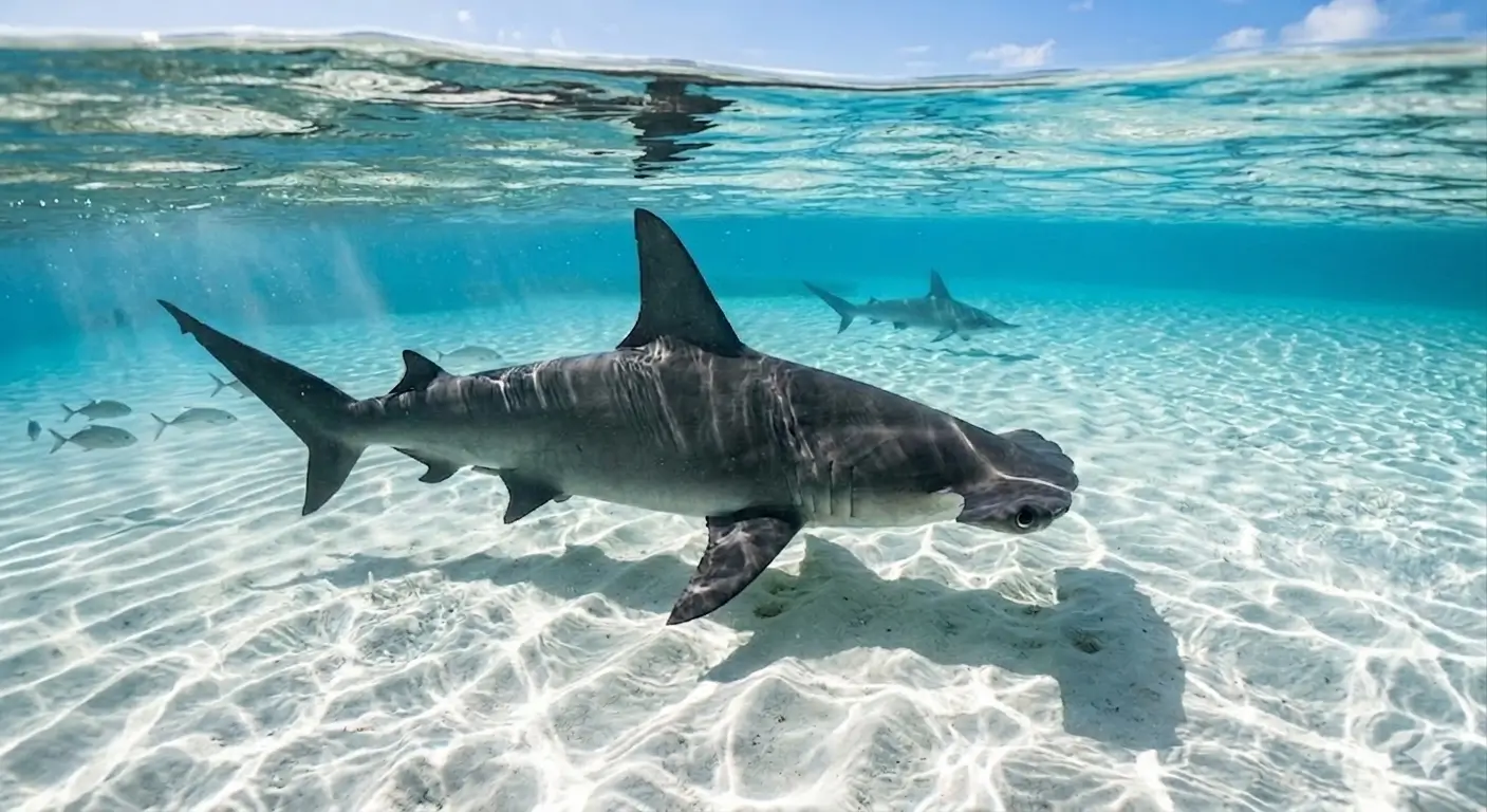 Great hammerhead shark swimming in shallow turquoise water with surface split shot view in Bimini Bahamas