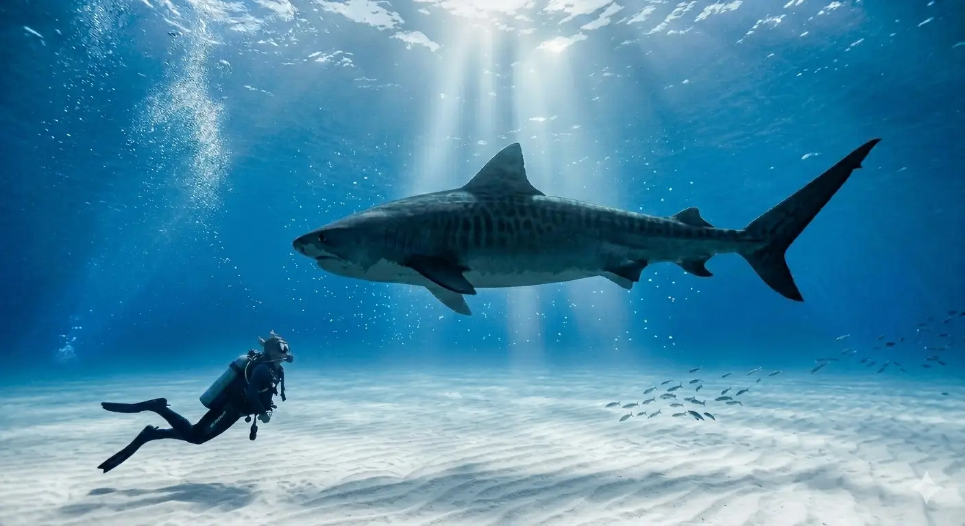 Scuba diver swimming beside a large tiger shark in blue water at Tiger Beach, Grand Bahama