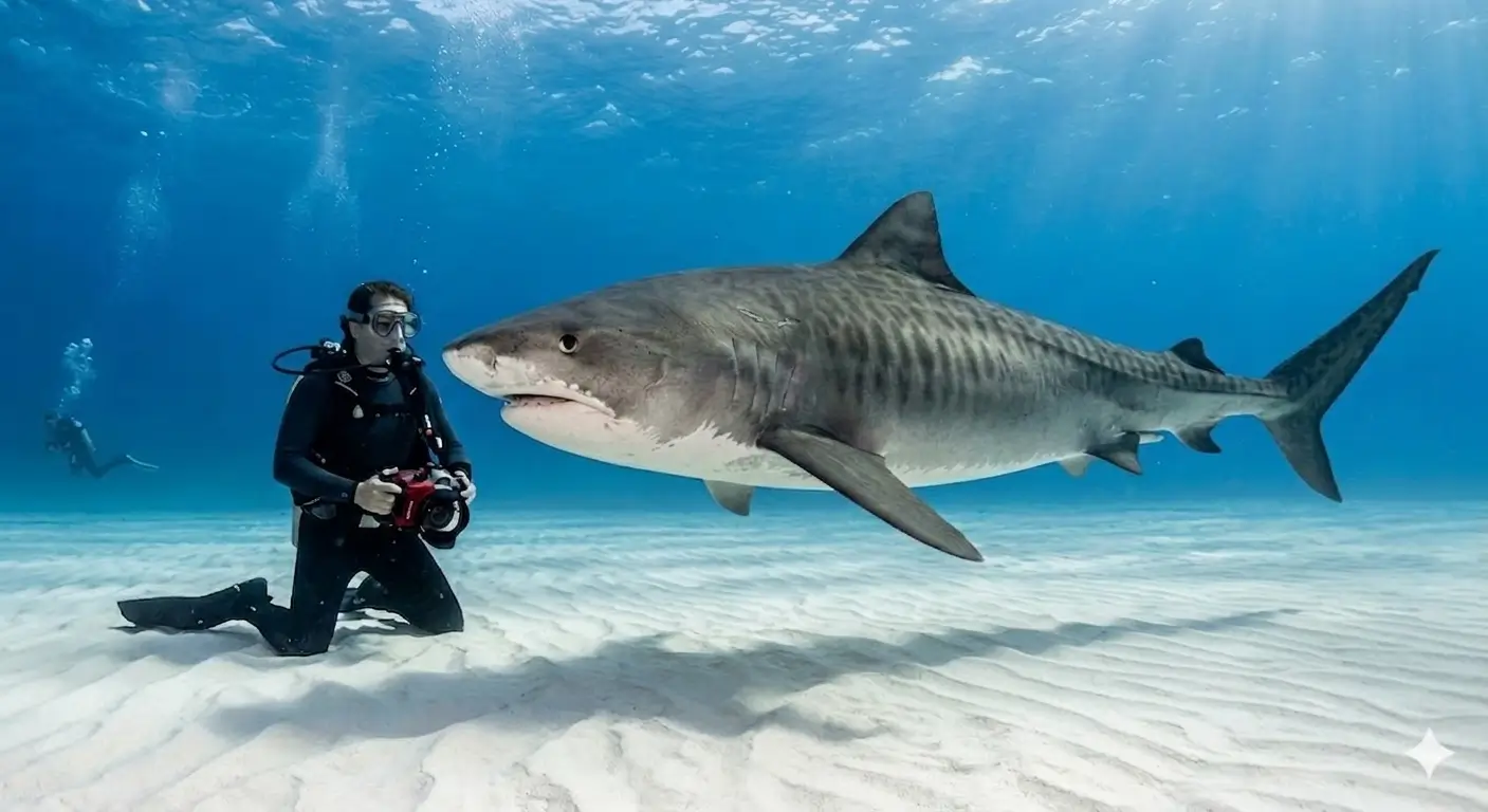 Underwater photographer kneeling on sand facing a big tiger shark during shark dive in Bahamas