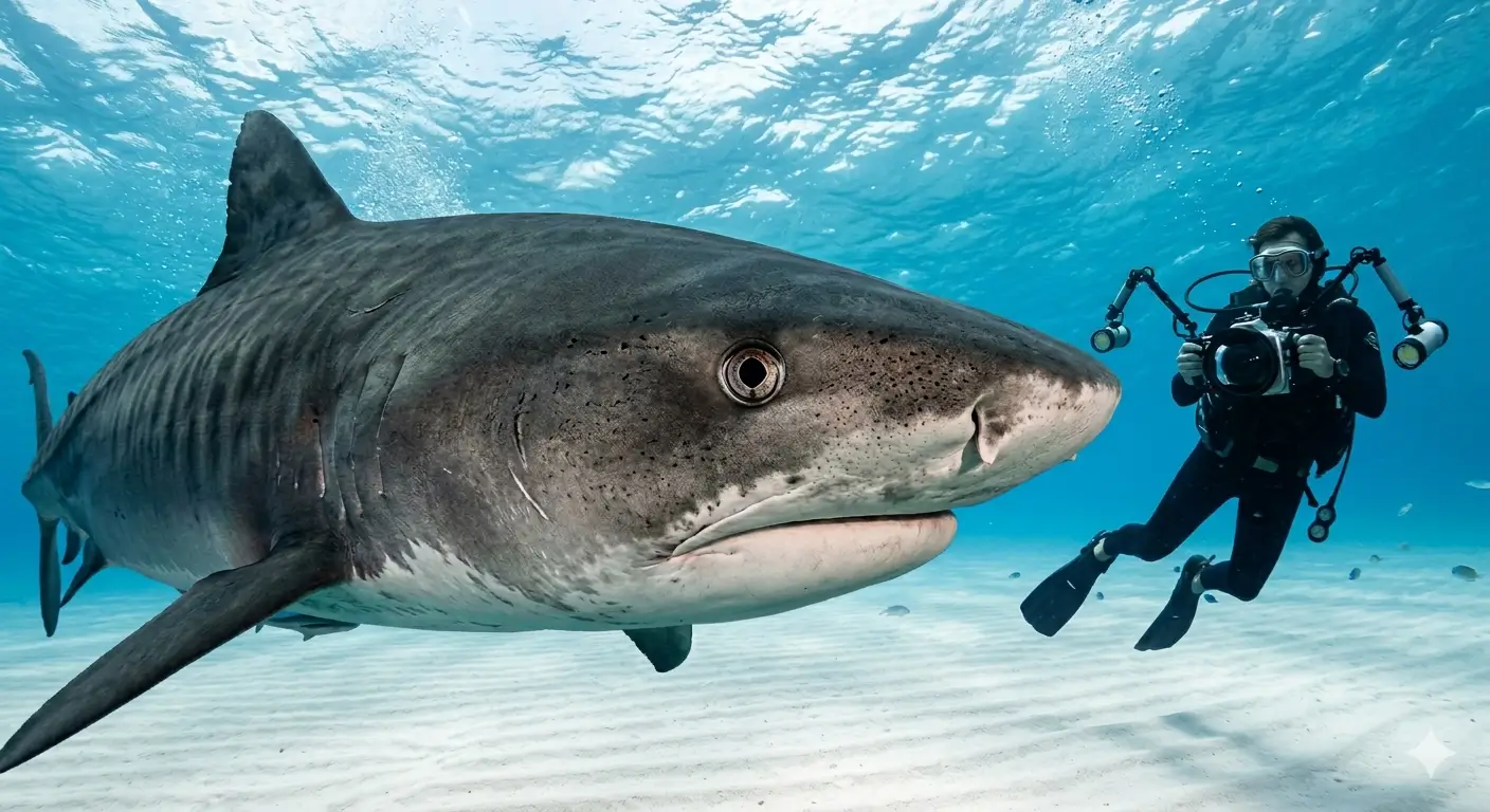 Tiger shark close encounter with underwater photographer holding camera at Tiger Beach